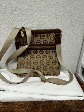 Michael Kors Tan Beige MK Logo Crossbody Messenger Bag